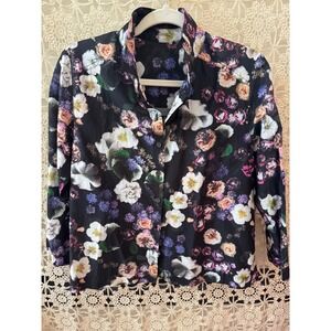 Black Floral Print‎ Long Sleeve Button Up Shirt Blouse Women's Top Sz S